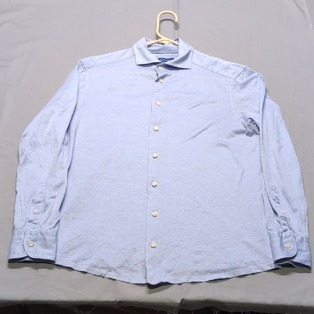 Eton Contemporary‎ Fit Light Blue Pique Knit Button Down Shirt Mens Large L